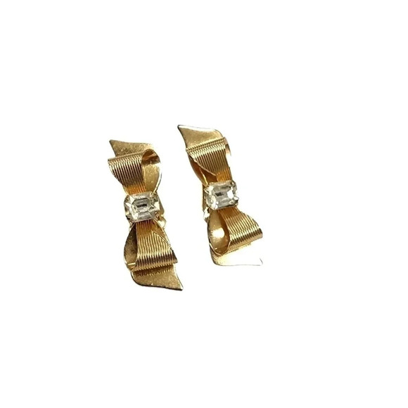 VINTAGE WOMENS GOLD TONE RHINESTONE BOW CORO EARRINGS - Picture 1 of 2